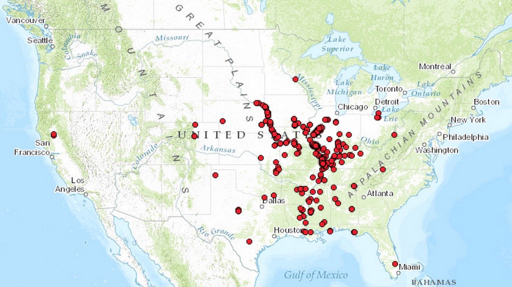 US Asian carp sightings as of 2000