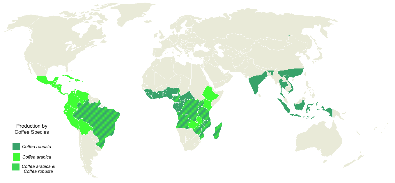 Country coffee production by species (robusta, arabica, arabica & robusta)