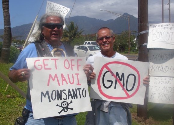 Men protesting Monsanto in Hawaii