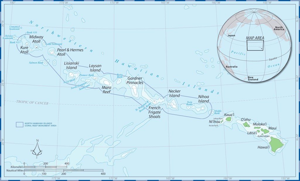 Northwestern Hawaiian Islands Circled Emphasizing their Importance in Preserving in Danger Species