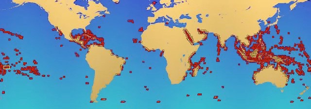 Model of coral reef locations on Earth