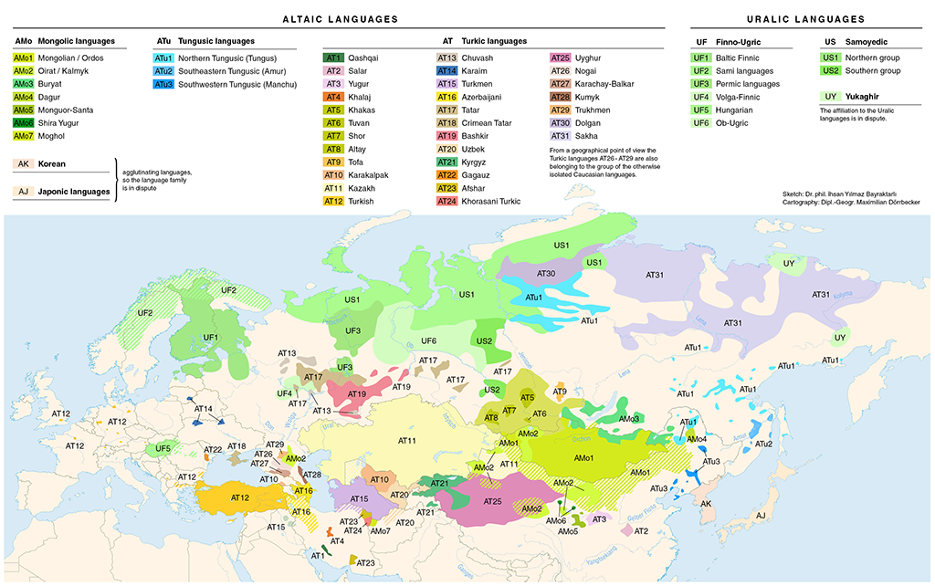 Linguistic map of the Altaic, Turkic and Uralic languages, by Maximilian Dörrbecker, via Wikimedia Commons, License Creative Commons 2.5.