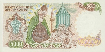 Image of Rumi depicted on the back of the 5000 Turkish Lira bill