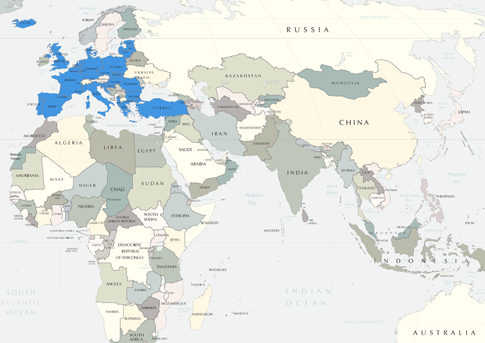 Map of Countries in the NATO Alliance. These maps show Eisenhower’s Containment Policy across the Globe, as manifested by chains of U.S. Allies. By Alam Payind, Melinda McClimans and Michael Shiflet. All rights reserved.