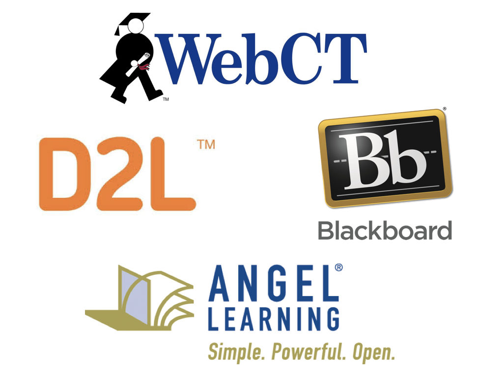 A collage showing the logos of WebCT, D2L, Blackboard, and Angel Learning