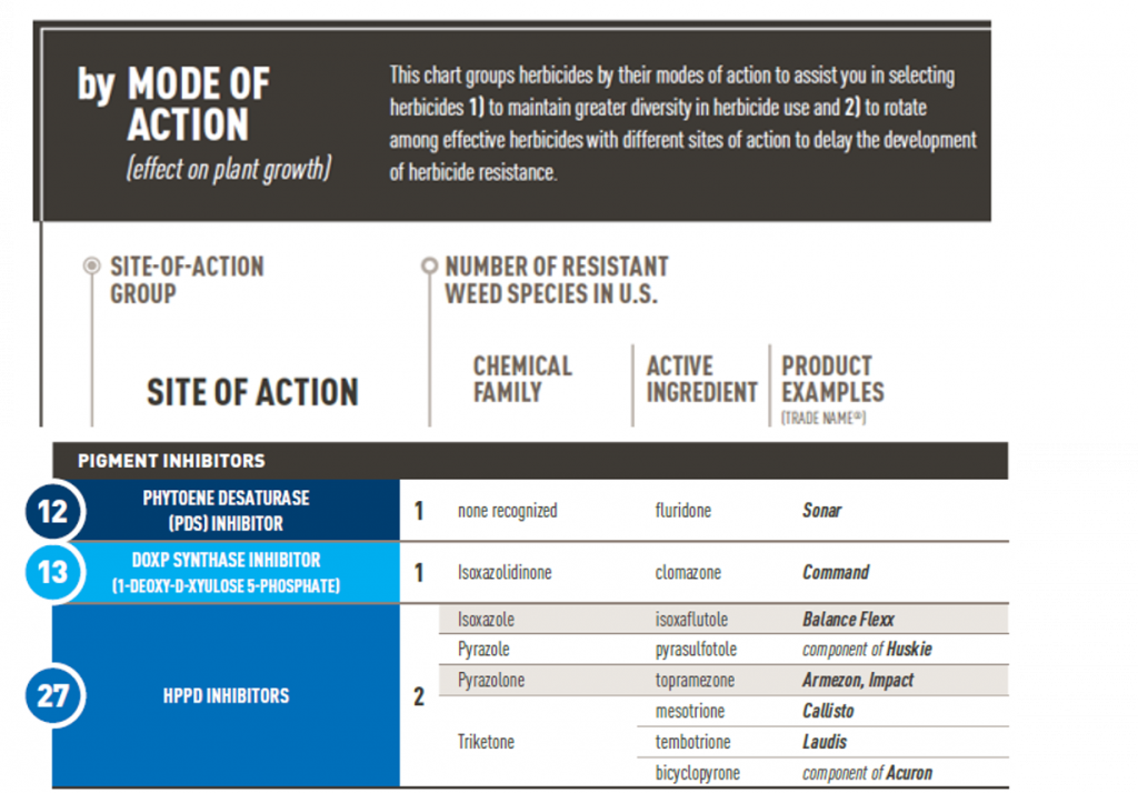 pigment inhibitors section of the take action herbicide classification chart