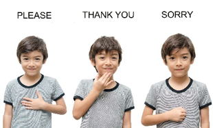 Child making signs for Please, Thank You and Sorry