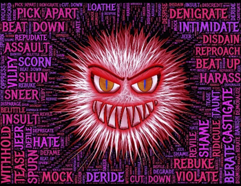 Illustration of an angry figure with a word cloud of negative terms