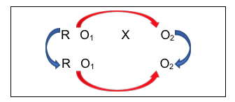 R O1 X and O2 representing intervention and outcomes and a second row with O1 and O2 but no X an arrow connects O2 on each row to represent a comparison and R is connevted via an arrow to indicate randomization