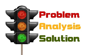 traffic light with problem - red, analysis - amber, and solution - green