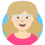 A light-skinned woman with long blonde hair. She is wearing blue-rimmed glasses and a pink shirt. She is smiling, with teeth showing.