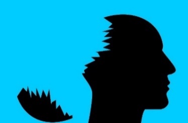 A silhouette of a person's head with the back part broken off