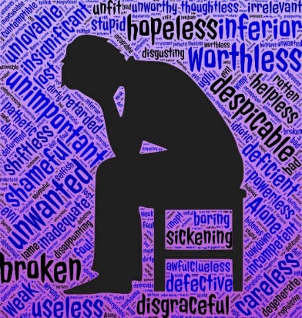 Illustration of a person and words related to depression