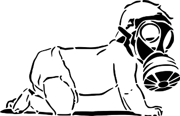 illustration of a baby crawling while wearing a gas mask