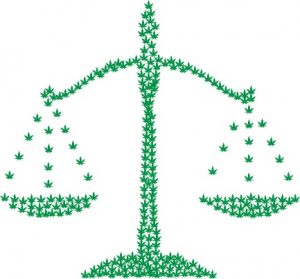 the scales of justice, formed out of marijuana leaves