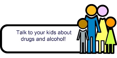 illustration of a family standing together with the phrase "Talk to your kids about drugs and alcohol"