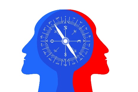 drawing of 2 human heads facing away from each other, with a compass overlaid on them