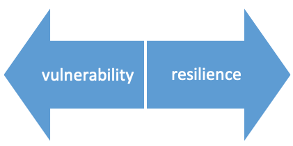 2 arrows pointing away from each other, one labeled "vulnerability" and the other, "resilience"