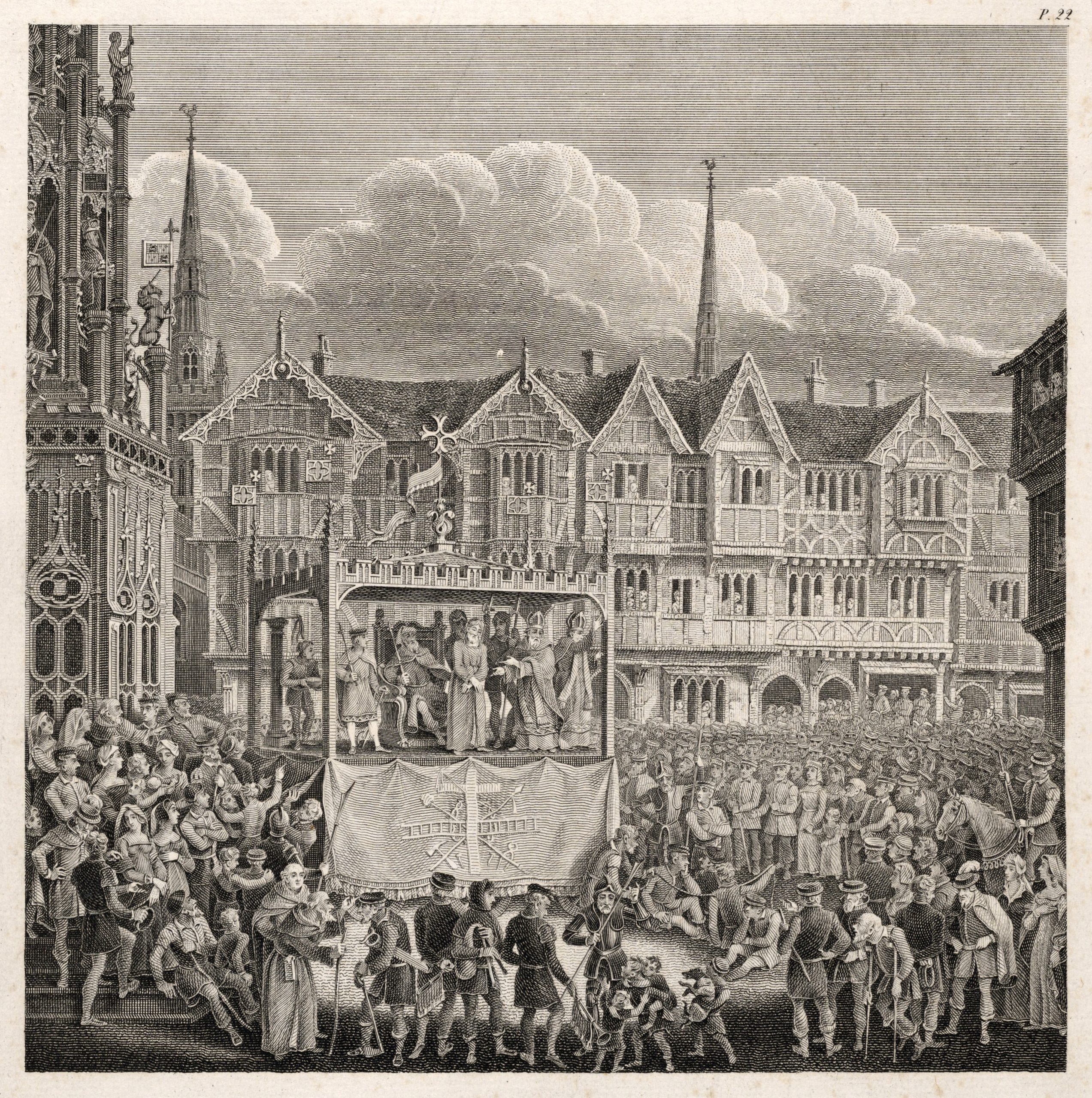 Coventry play of the Trial of Christ performed on a pageant wagon.