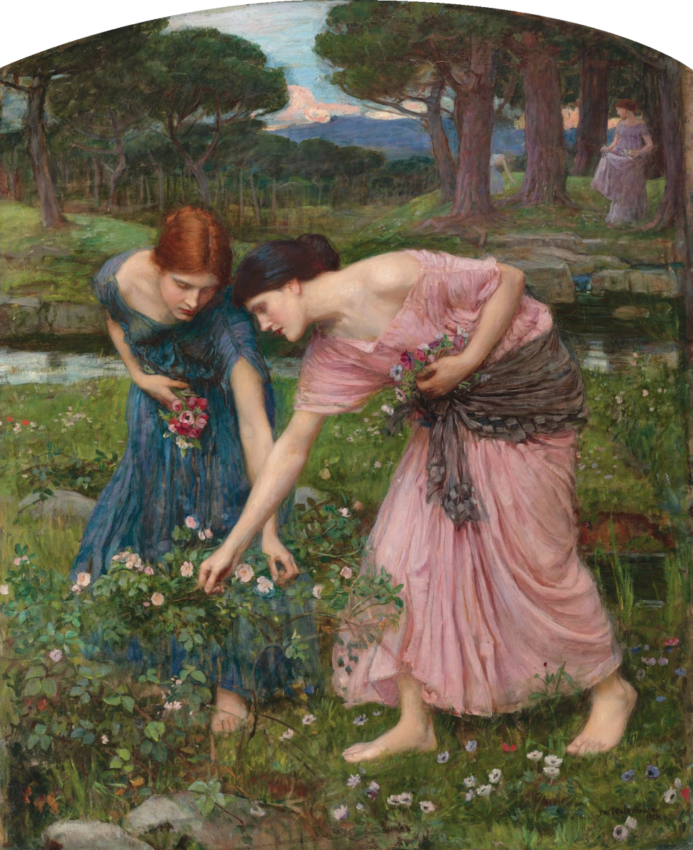 Young women picking roses in a meadow; famous depiction of Herrick's poem.