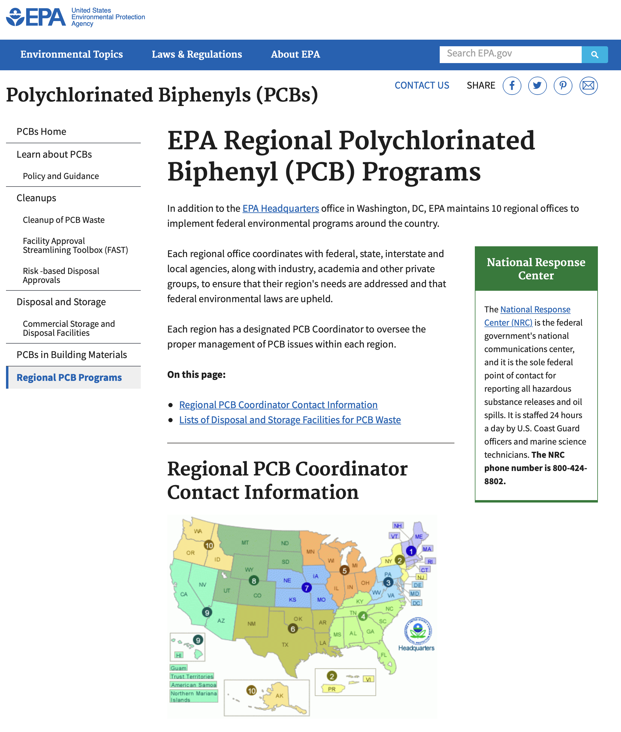 EPA website on Regional Polychlorinated Biphenyl Programs