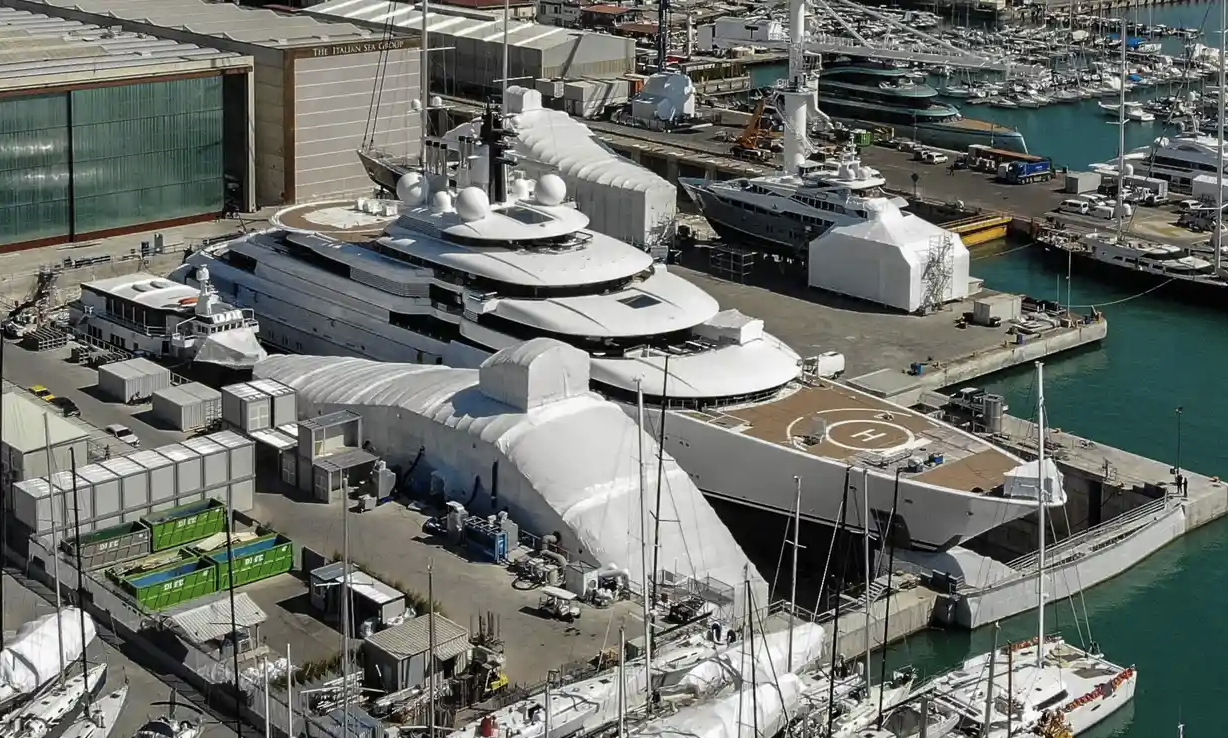 The multi-million-dollar superyacht Scheherazade, docked at the Tuscan port of Marina di Carrara