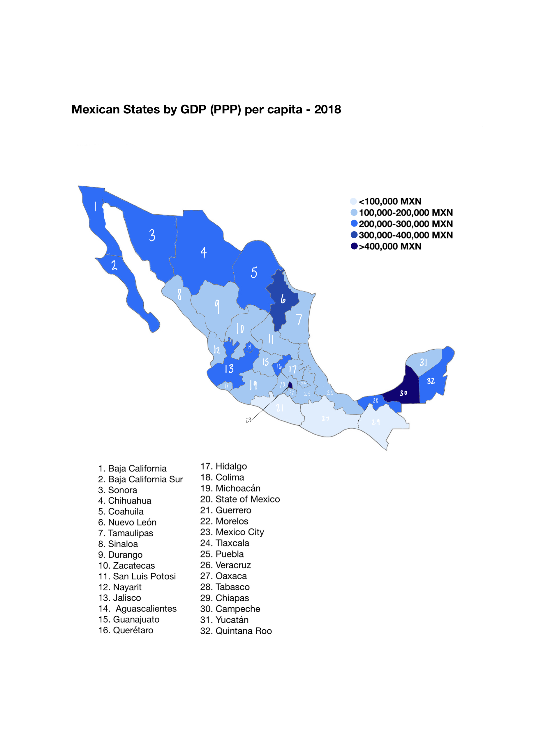 map showing the GDP across Mexican states by color