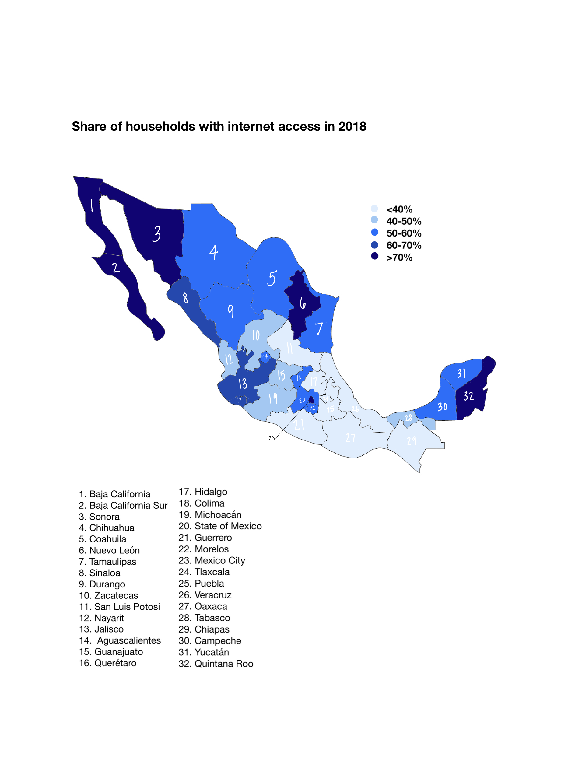 map of mexico with internet access depicted as a shade of blue for each state on the map of Mexico