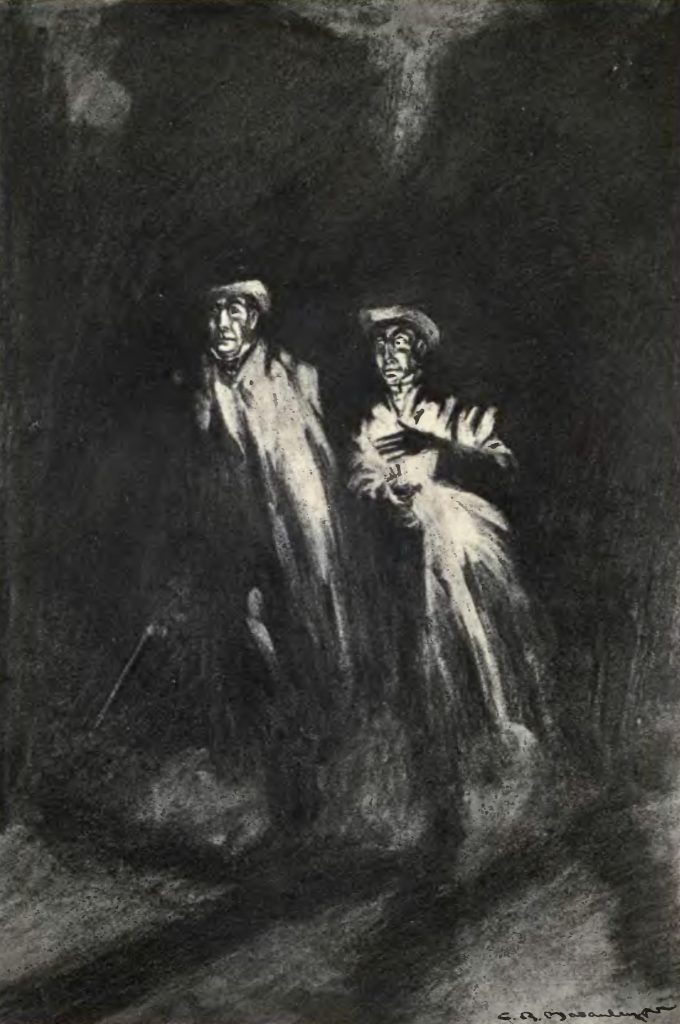 Poole and Utterson walking by lantern light.