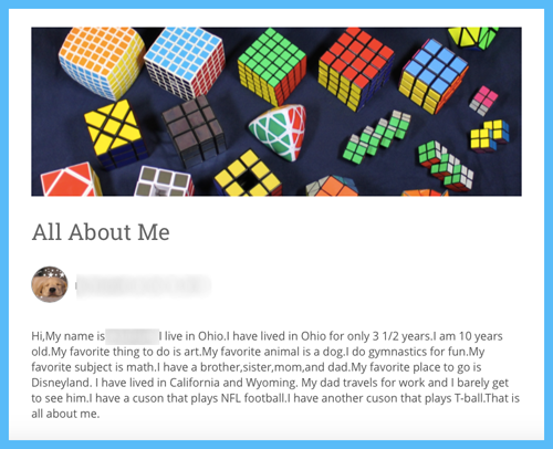 Image of student's biography page from her blog