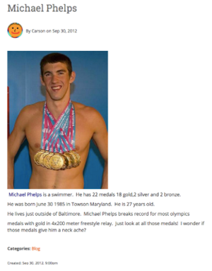 Screenshot of student blog post about Michael Phelps