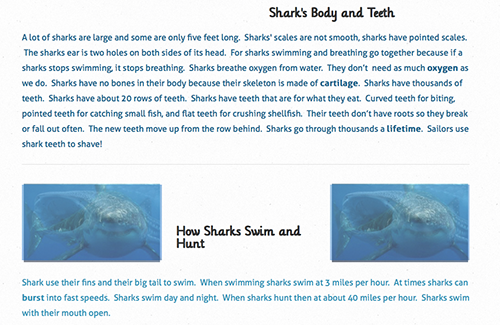 Screenshot of student blog post about sharks