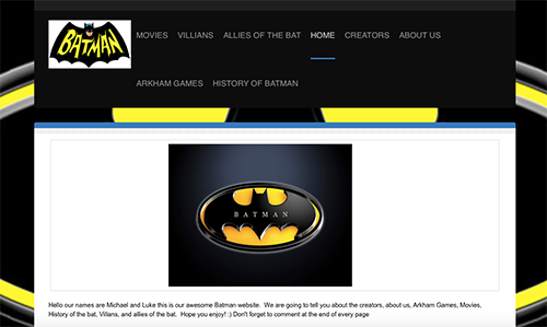 Screenshot of Batman-themed student website