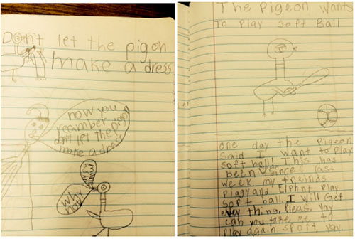 A student's writing and drawings on lined notebook paper