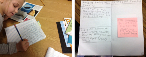 Split image with student writing on the left and her written material on the right