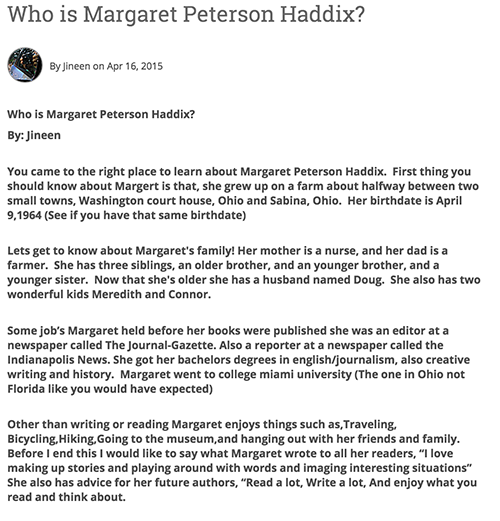 Jineen’s blog post about Margaret Peterson Haddix