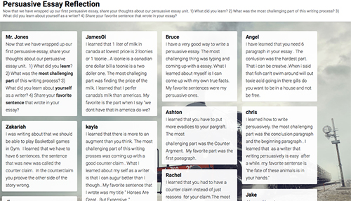 Screenshot of student reflections on the Persuasive Essay assignment