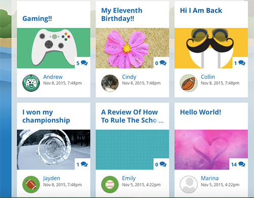 Homepage showing various students' blog posts