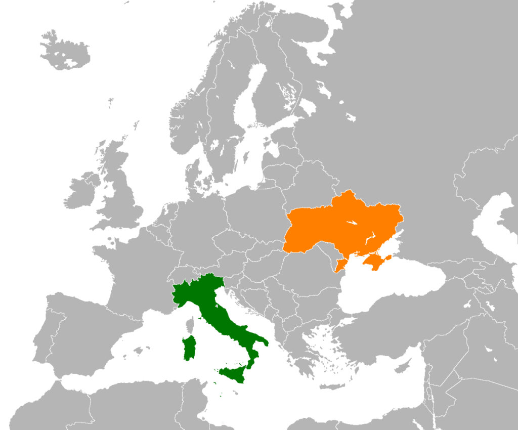 A map with the countries Italy and Ukraine highlighted.