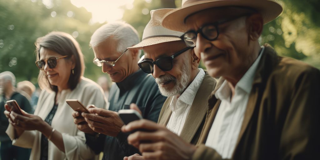 Group of four older adults, three men and a woman. They are looking at their cell phones.