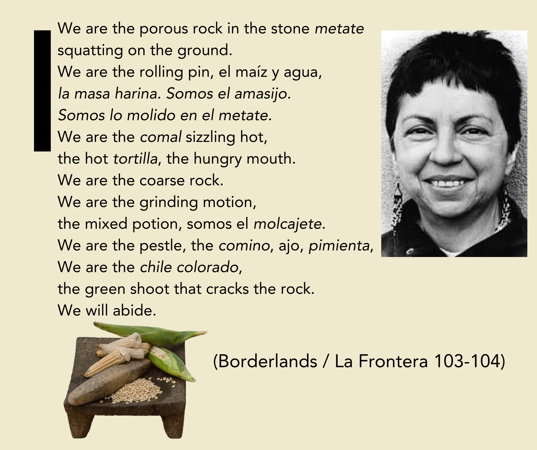 Image shows the headshot of a woman with dark short hair wearing long earrings. There are words to a poem. There is also a molcajete with corn on it.