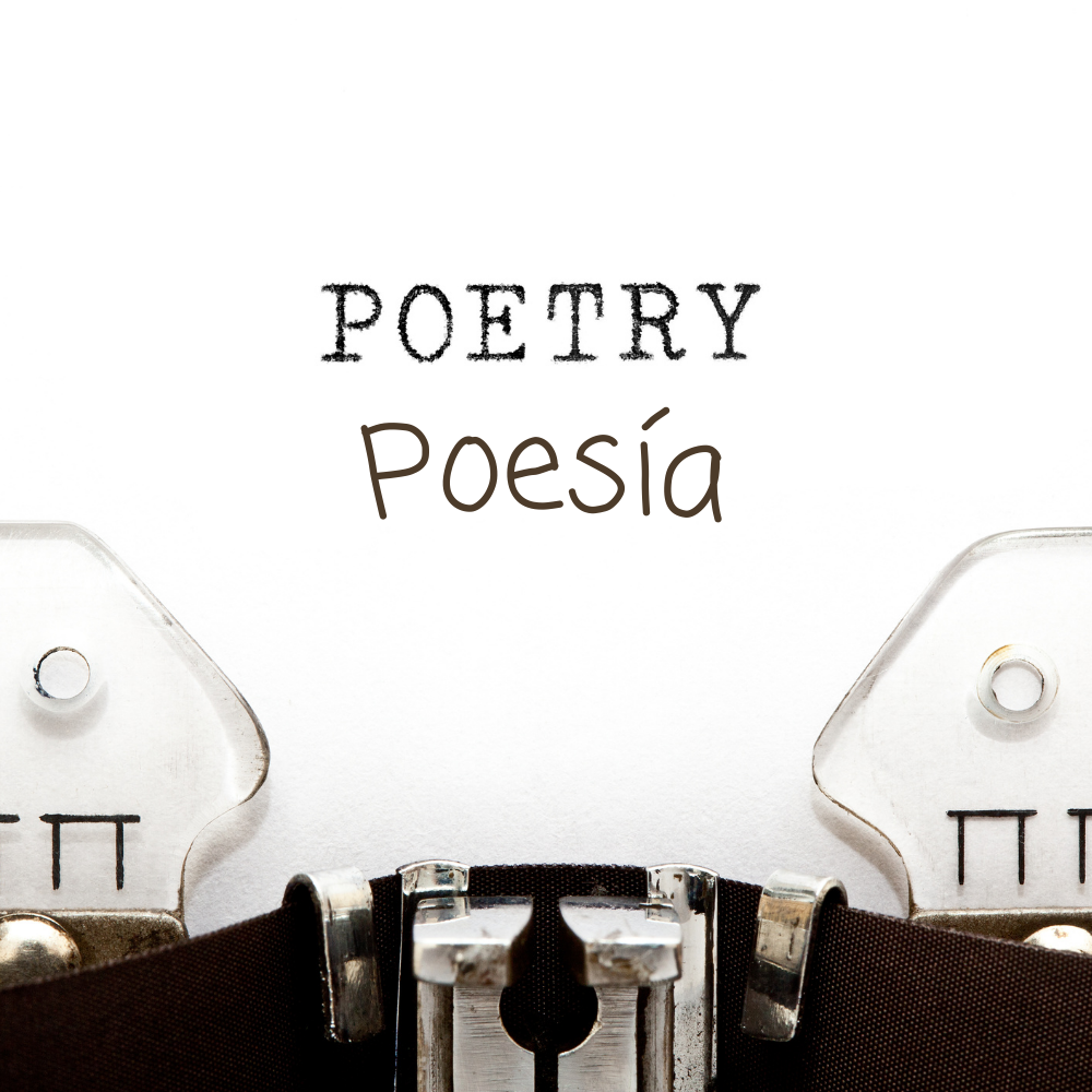 Image shoes the words poetry poesía on a black page about a typewriter