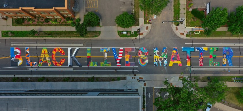 A photograph of "BLACK LIVES MATTER" as painted on Plymouth Avenue in Minneapolis.