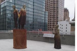 A photograph of a sculpture titled "comfort women" pillar of strength".