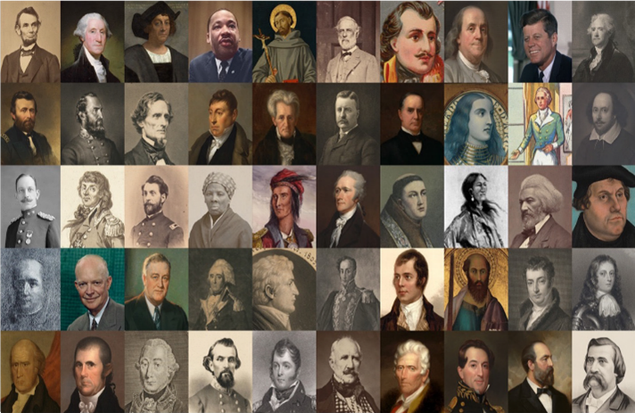 A collage of images of the 50 people most frequently depicted in the U.S. through public statues.