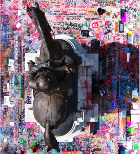 An ariel photo of a statute of Confederate Robert E. Lee on horeseback, surrounded by graffiti.