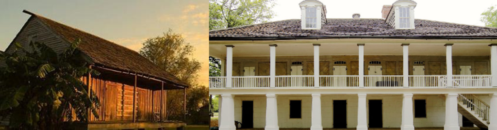 Contrasting photos of the Whitney Plantation, showing the home for enslaved persons (left) and owner (right).