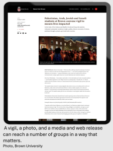 A screenshot of a webpage from Brown University which shows a photo of a vigil, and a related news article.