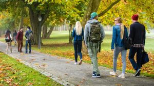 A photograph of students walking on a path on a college campus.