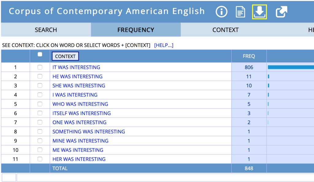 screenshot: Results for corpus search including phrase "Pronoun was interesting"
